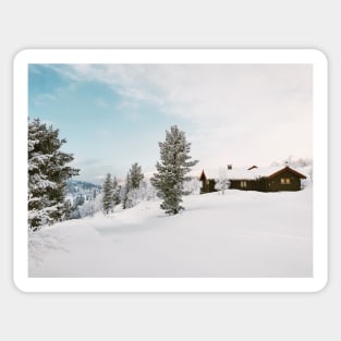 White Winter - Snow-Covered Cabin and Landscape in Scandinavia Sticker